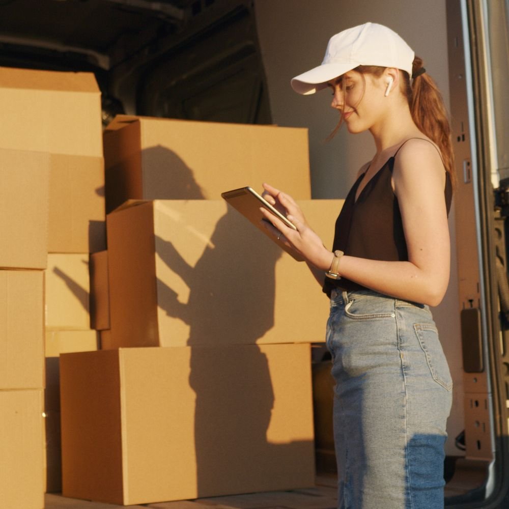 A logistics worker checking parcels before dispatch
